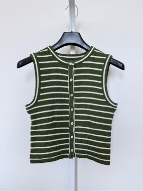 Madewell Striped Button-Front Sweater Tank Olive Green & White XS